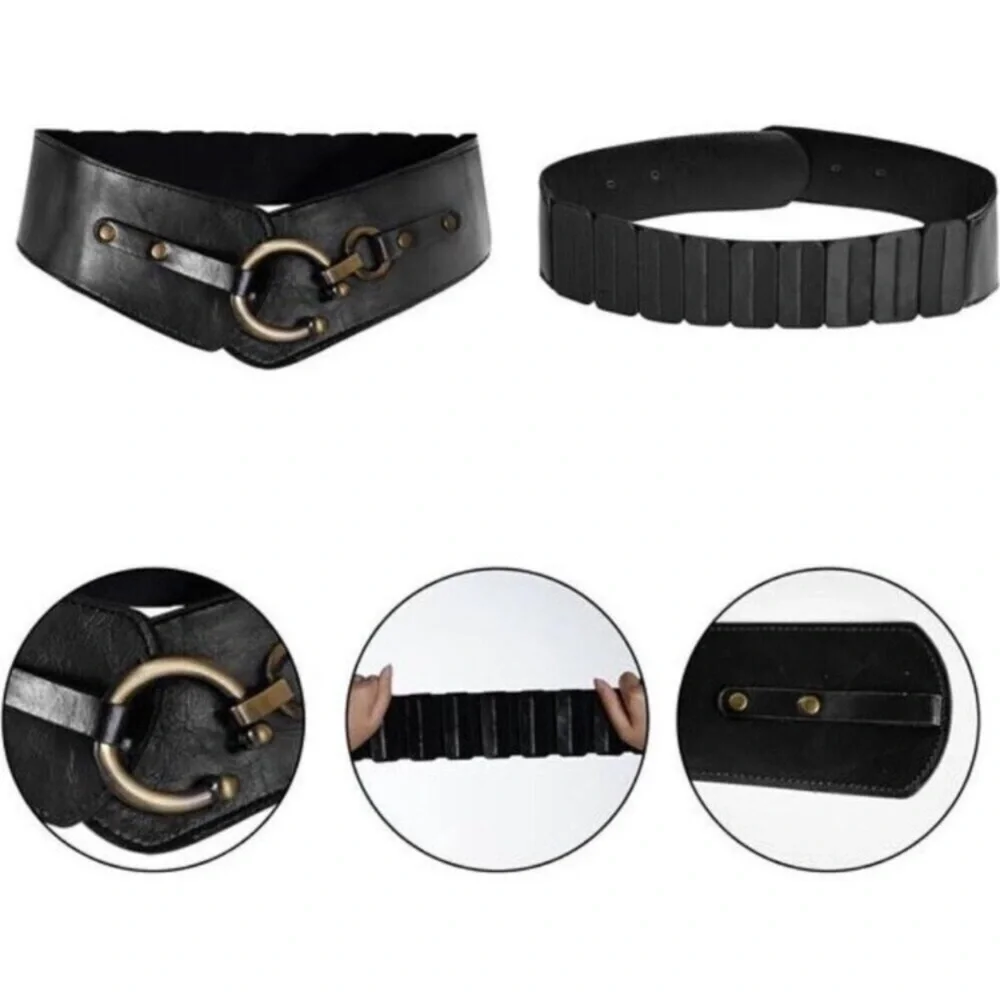 Women's Wide Elastic Waist Belt  Black Vegan Leather Stretch Interlock Buckle